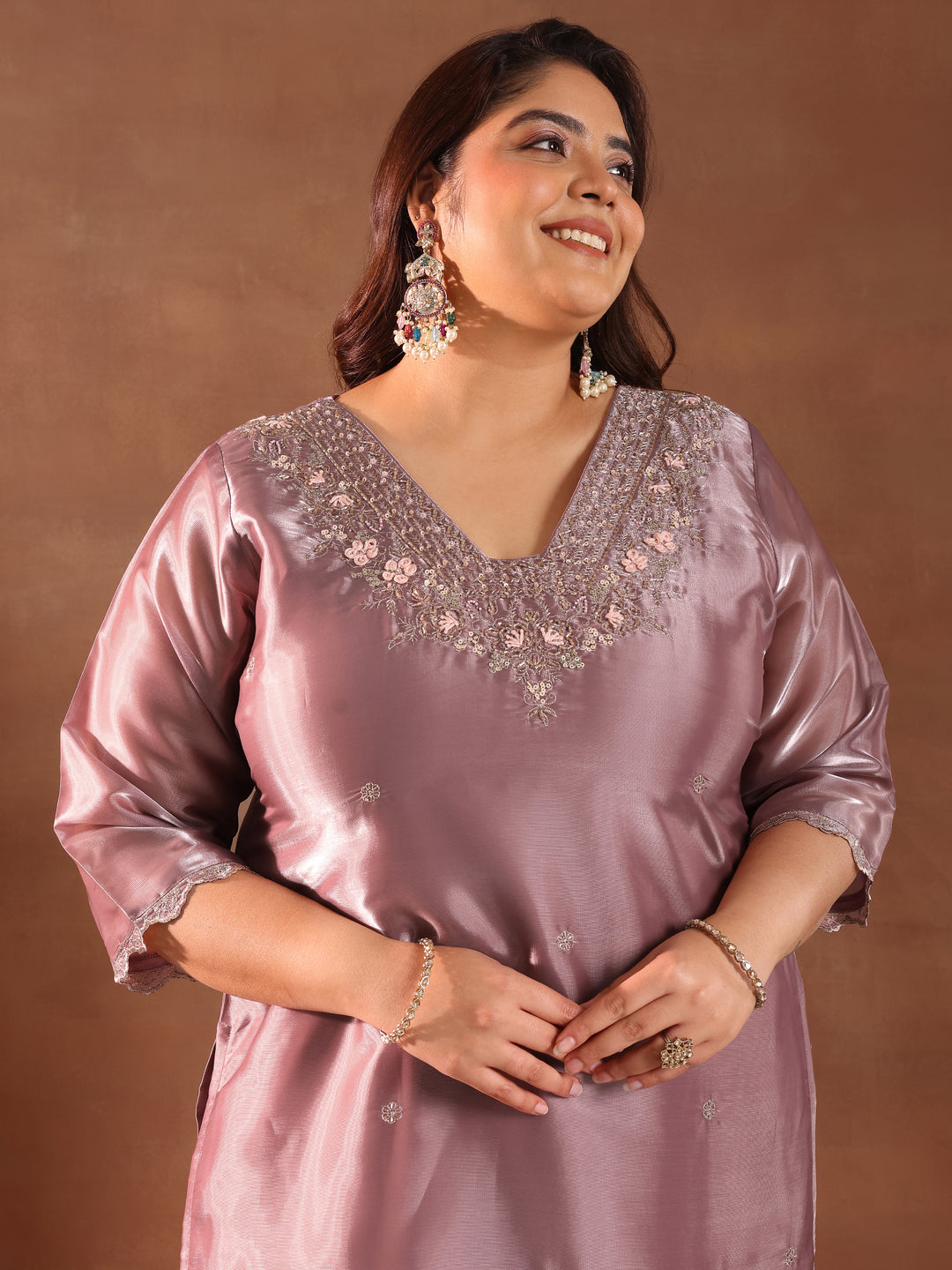  Plus Size Mauve Yoke Design Tissue Straight Suit With Dupatta 