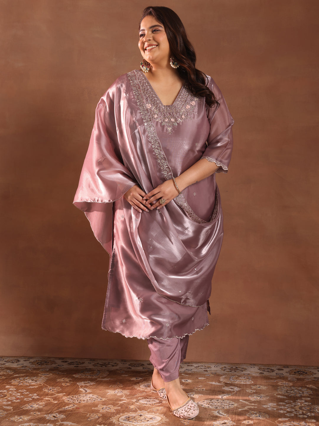  Plus Size Mauve Yoke Design Tissue Straight Suit With Dupatta 