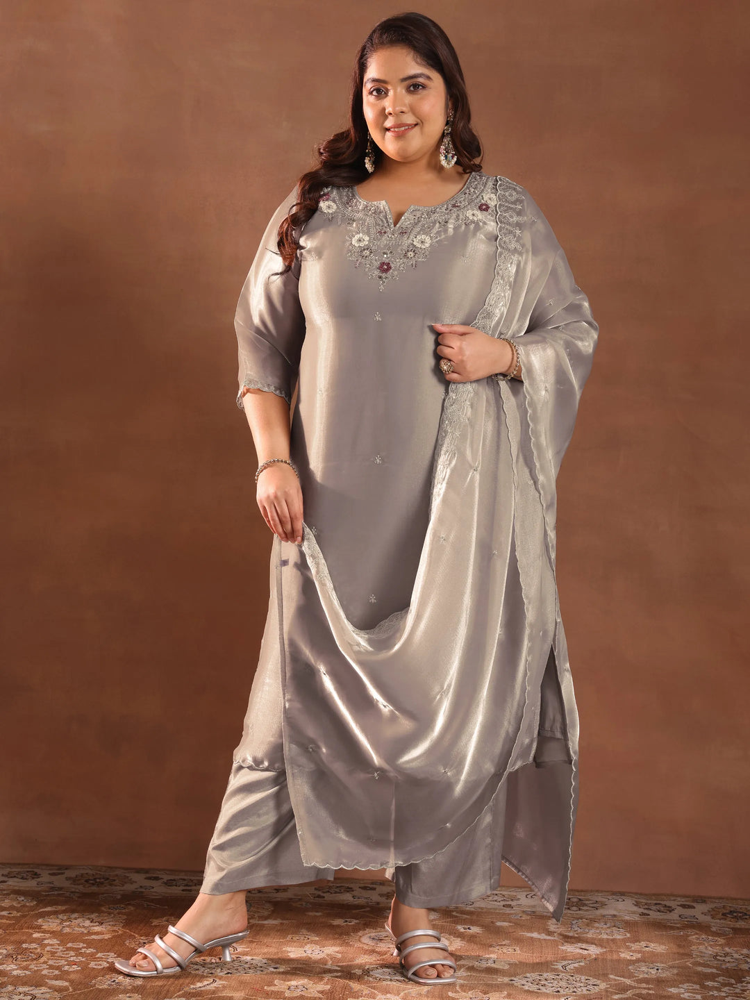  Plus Size Taupe Yoke Design Tissue Straight Suit With Dupatta 