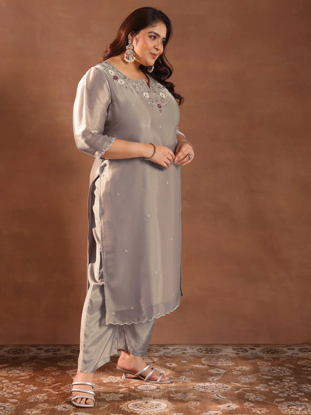  Plus Size Taupe Yoke Design Tissue Straight Suit With Dupatta 