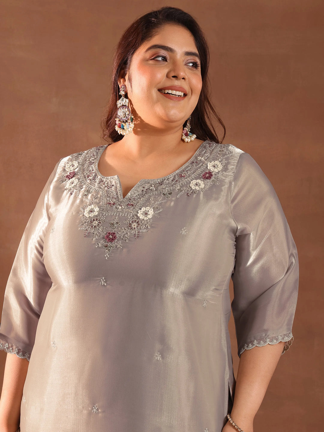  Plus Size Taupe Yoke Design Tissue Straight Suit With Dupatta 