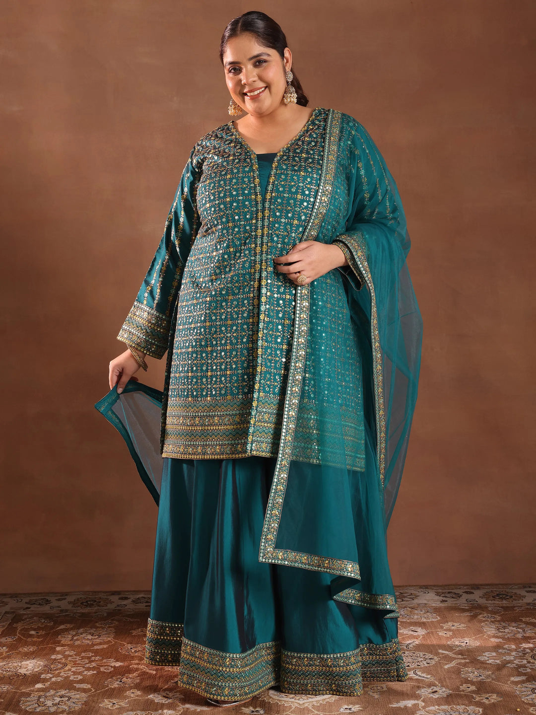  Plus Size Teal Embroidered Silk Blend Straight Suit With Dupatta 