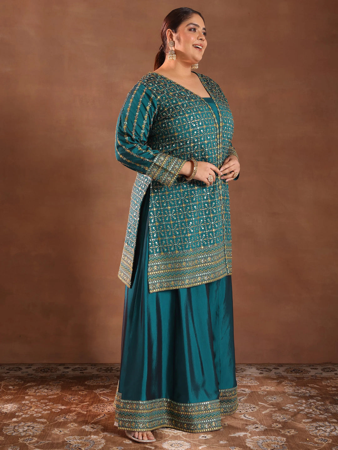  Plus Size Teal Embroidered Silk Blend Straight Suit With Dupatta 