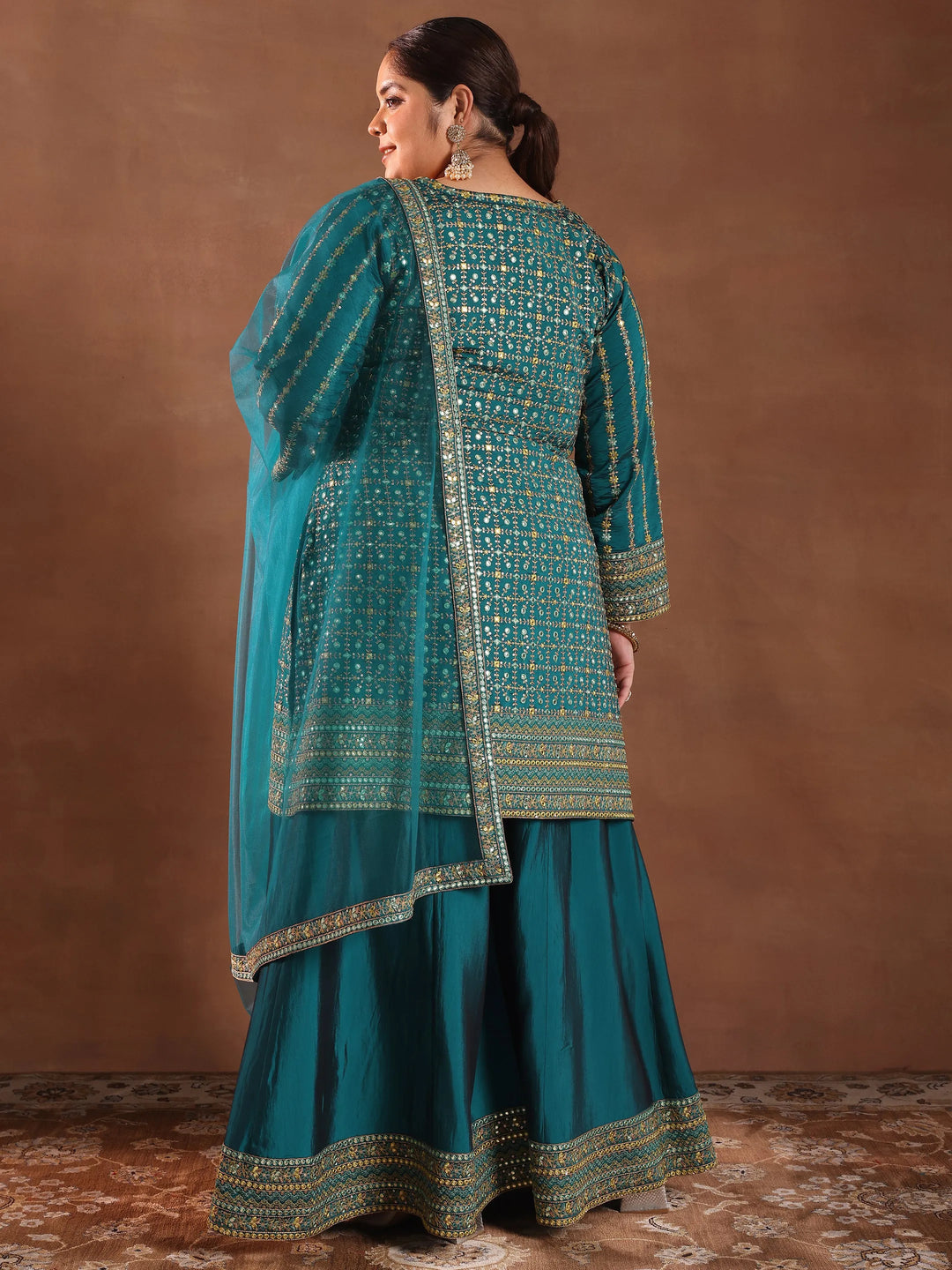  Plus Size Teal Embroidered Silk Blend Straight Suit With Dupatta 