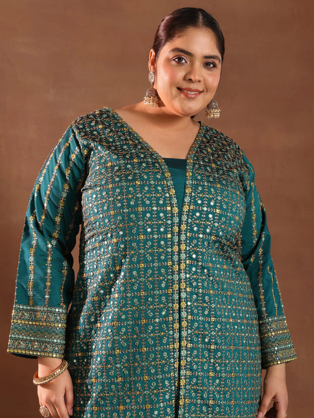  Plus Size Teal Embroidered Silk Blend Straight Suit With Dupatta 