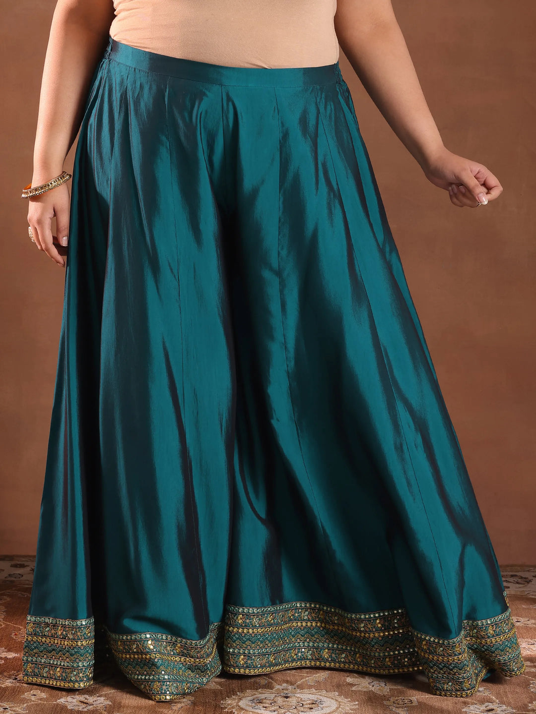  Plus Size Teal Embroidered Silk Blend Straight Suit With Dupatta 