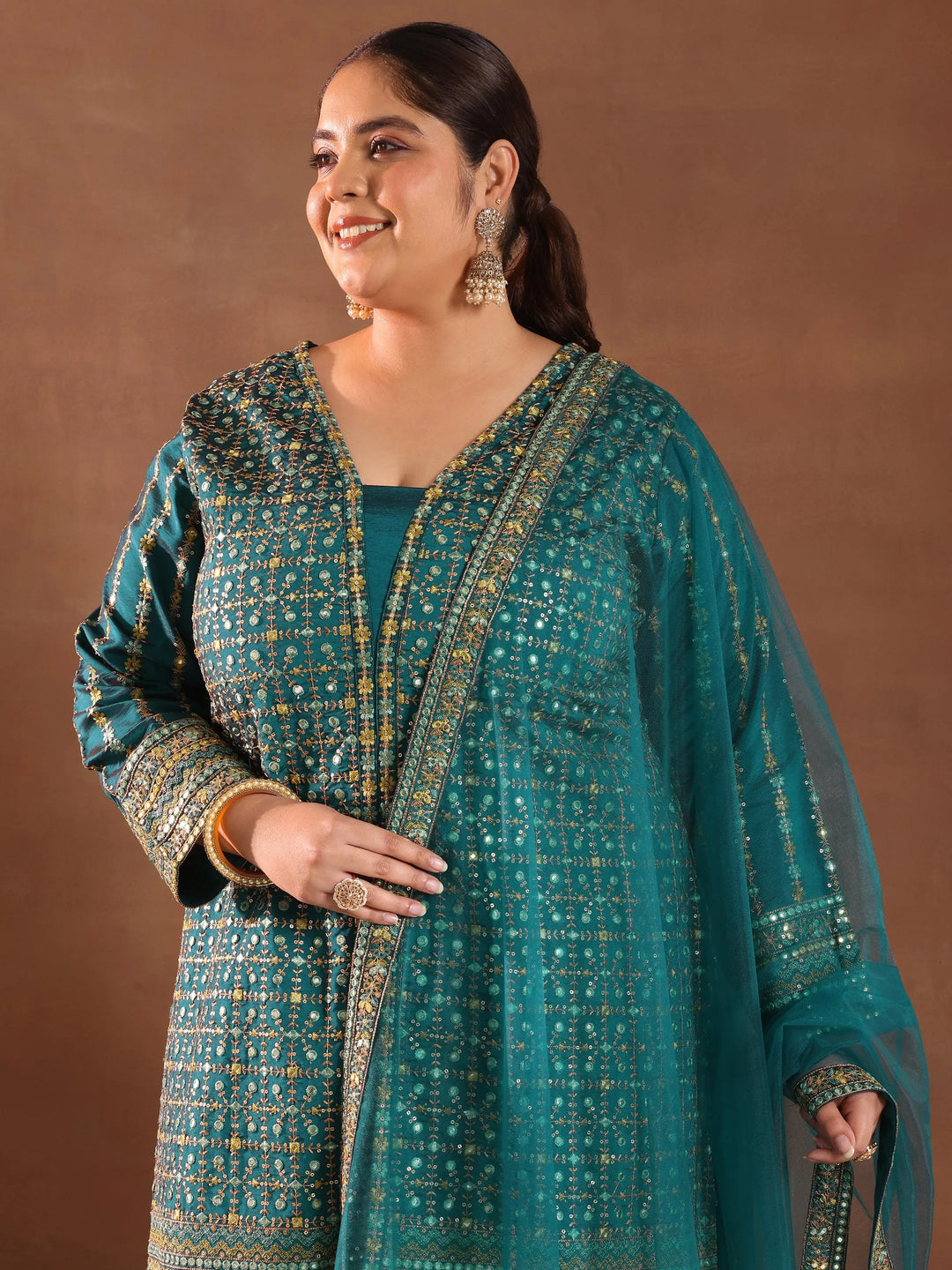  Plus Size Teal Embroidered Silk Blend Straight Suit With Dupatta 