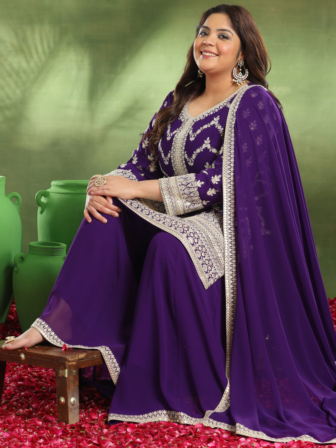 Plus Size Purple Embroidered Georgette Straight Suit With Dupatta