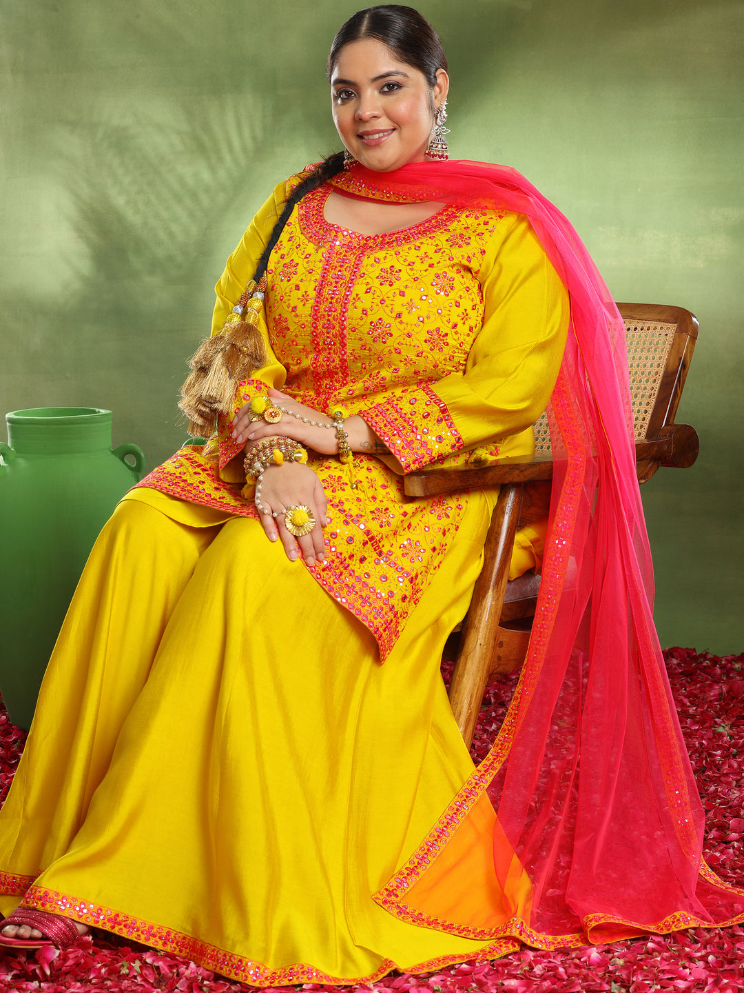 Plus Size Mustard Embroidered Silk Blend Straight Suit With Dupatta