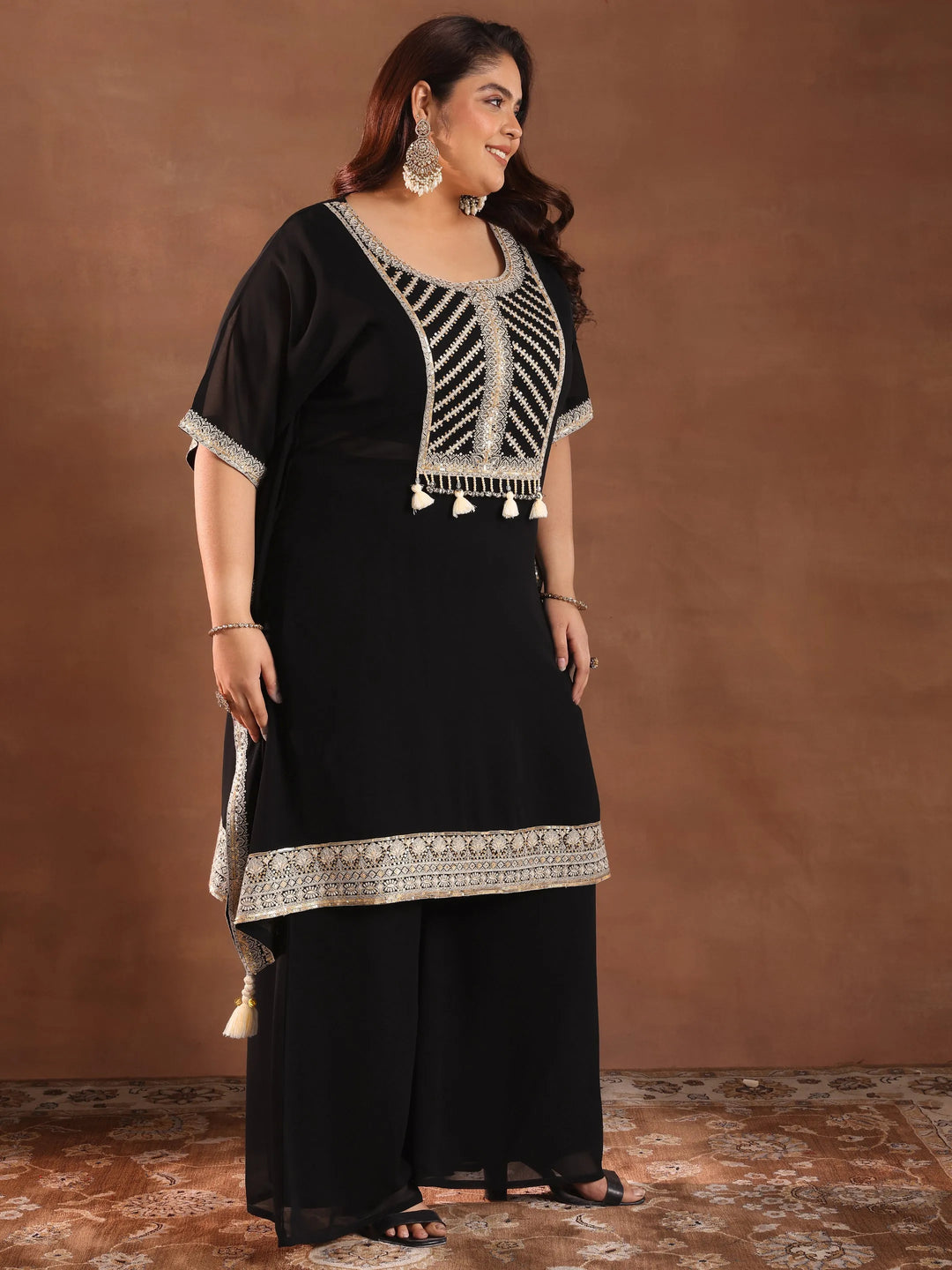  Plus Size Black Embroidered Georgette Straight Kurta Set 