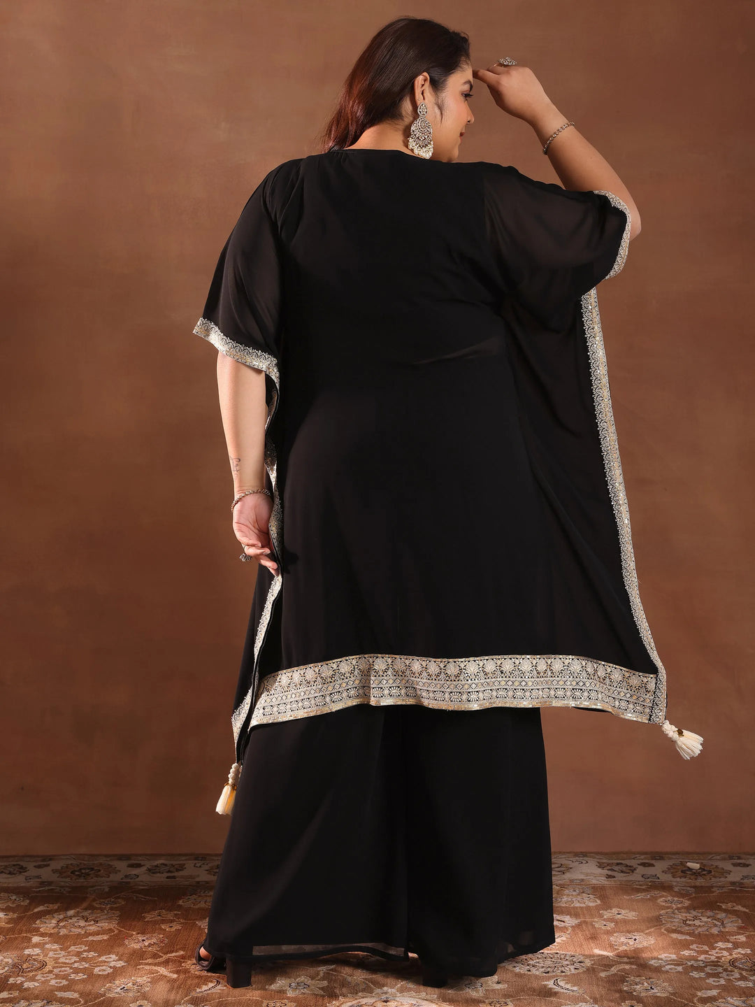  Plus Size Black Embroidered Georgette Straight Kurta Set 