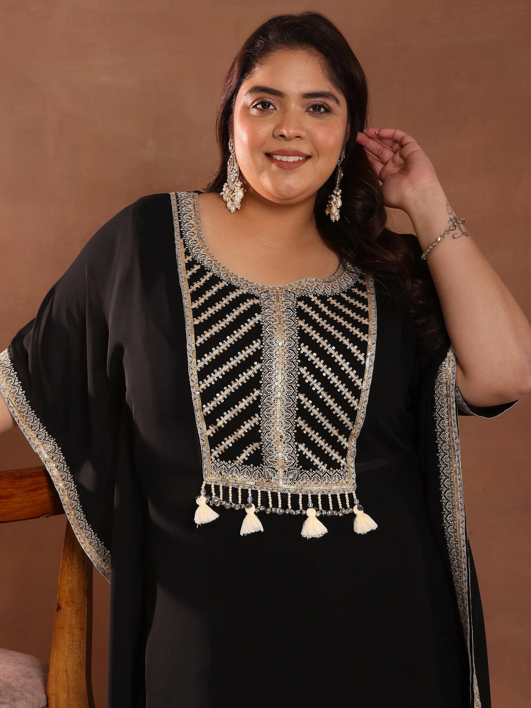  Plus Size Black Embroidered Georgette Straight Kurta Set 