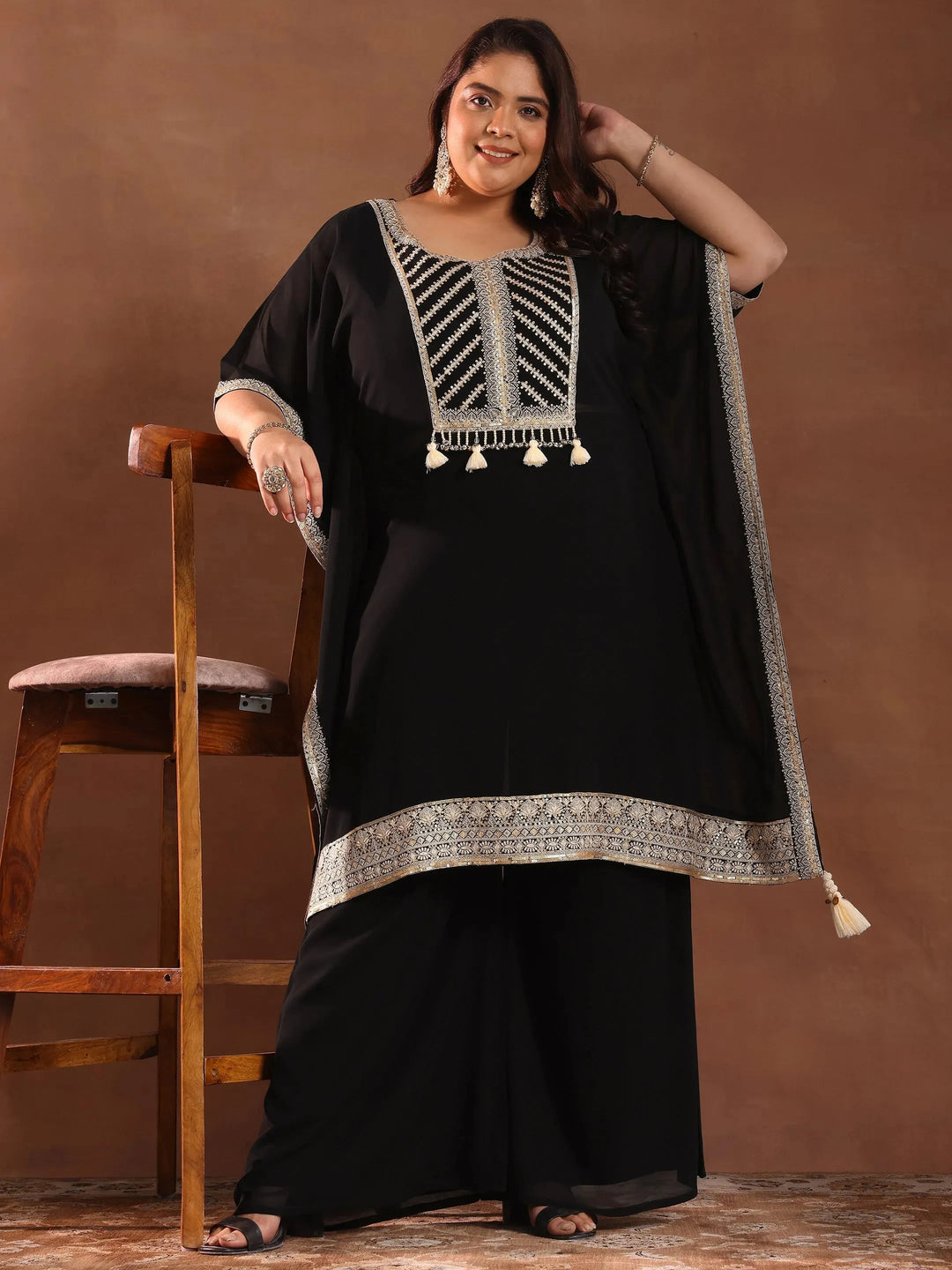  Plus Size Black Embroidered Georgette Straight Kurta Set 