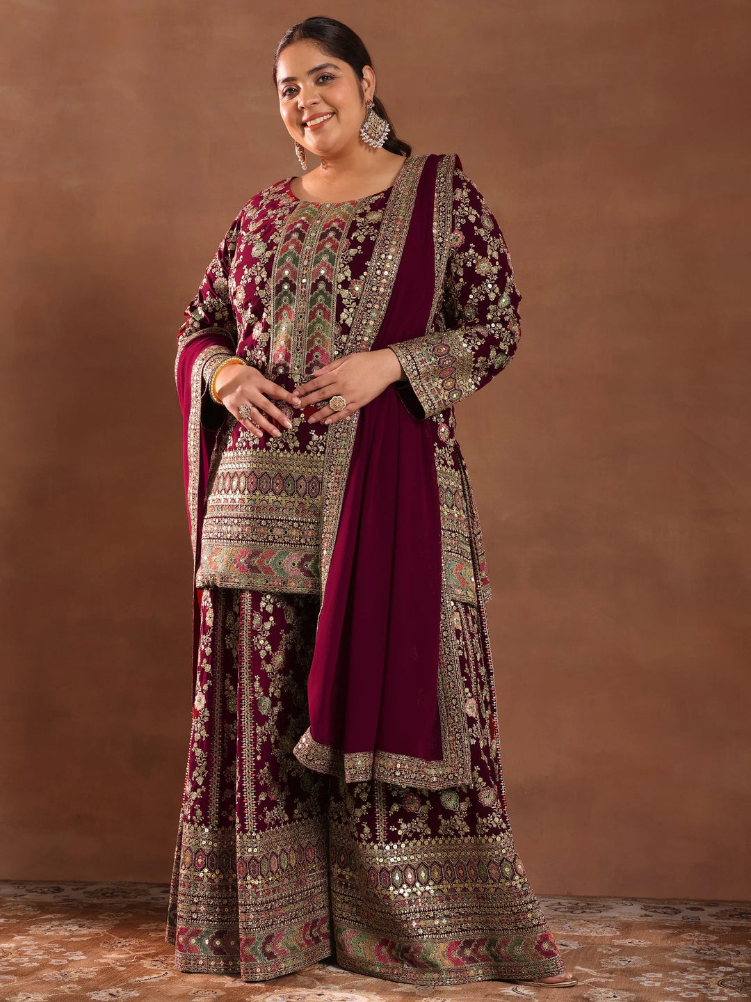 Plus Size Maroon Embroidered Georgette Straight Suit With Dupatta