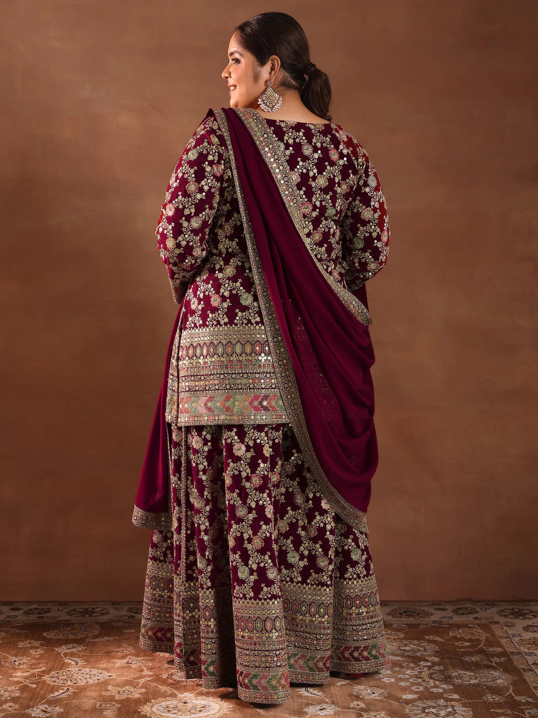  Plus Size Maroon Embroidered Georgette Straight Suit With Dupatta 