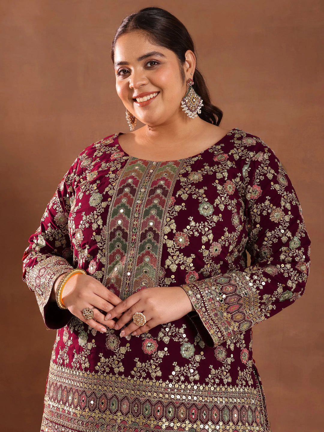  Plus Size Maroon Embroidered Georgette Straight Suit With Dupatta 