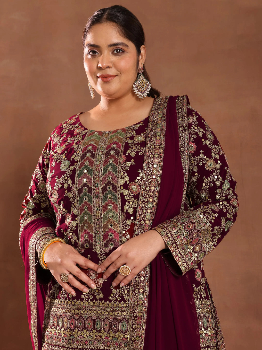  Plus Size Maroon Embroidered Georgette Straight Suit With Dupatta 