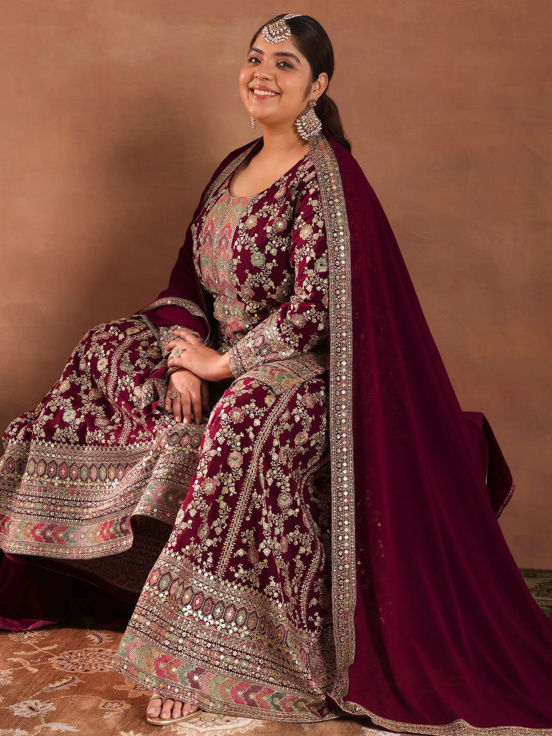  Plus Size Maroon Embroidered Georgette Straight Suit With Dupatta 