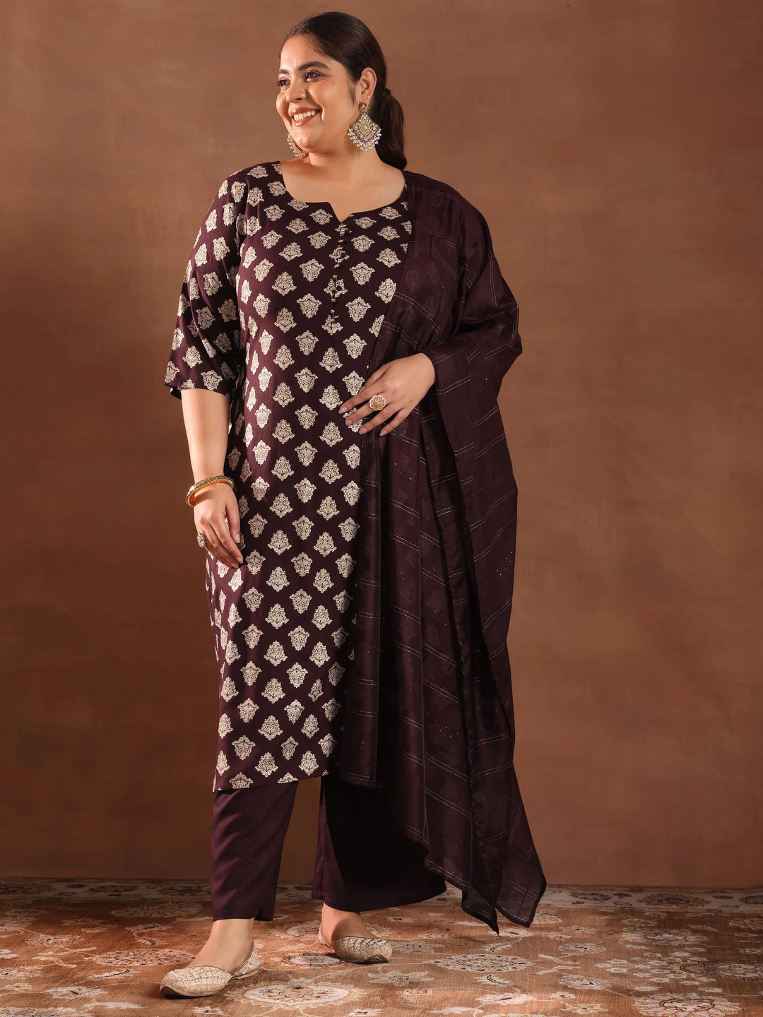  Plus Size Burgundy Printed Silk Blend Straight Suit With Dupatta 