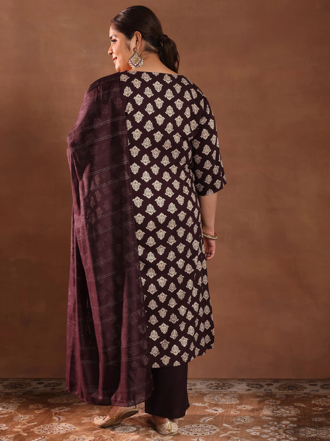  Plus Size Burgundy Printed Silk Blend Straight Suit With Dupatta 