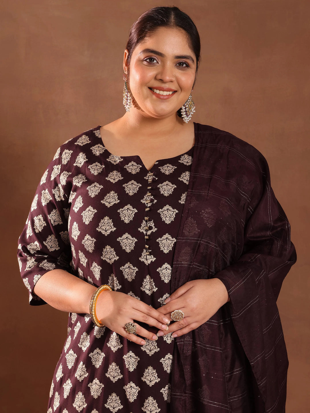  Plus Size Burgundy Printed Silk Blend Straight Suit With Dupatta 