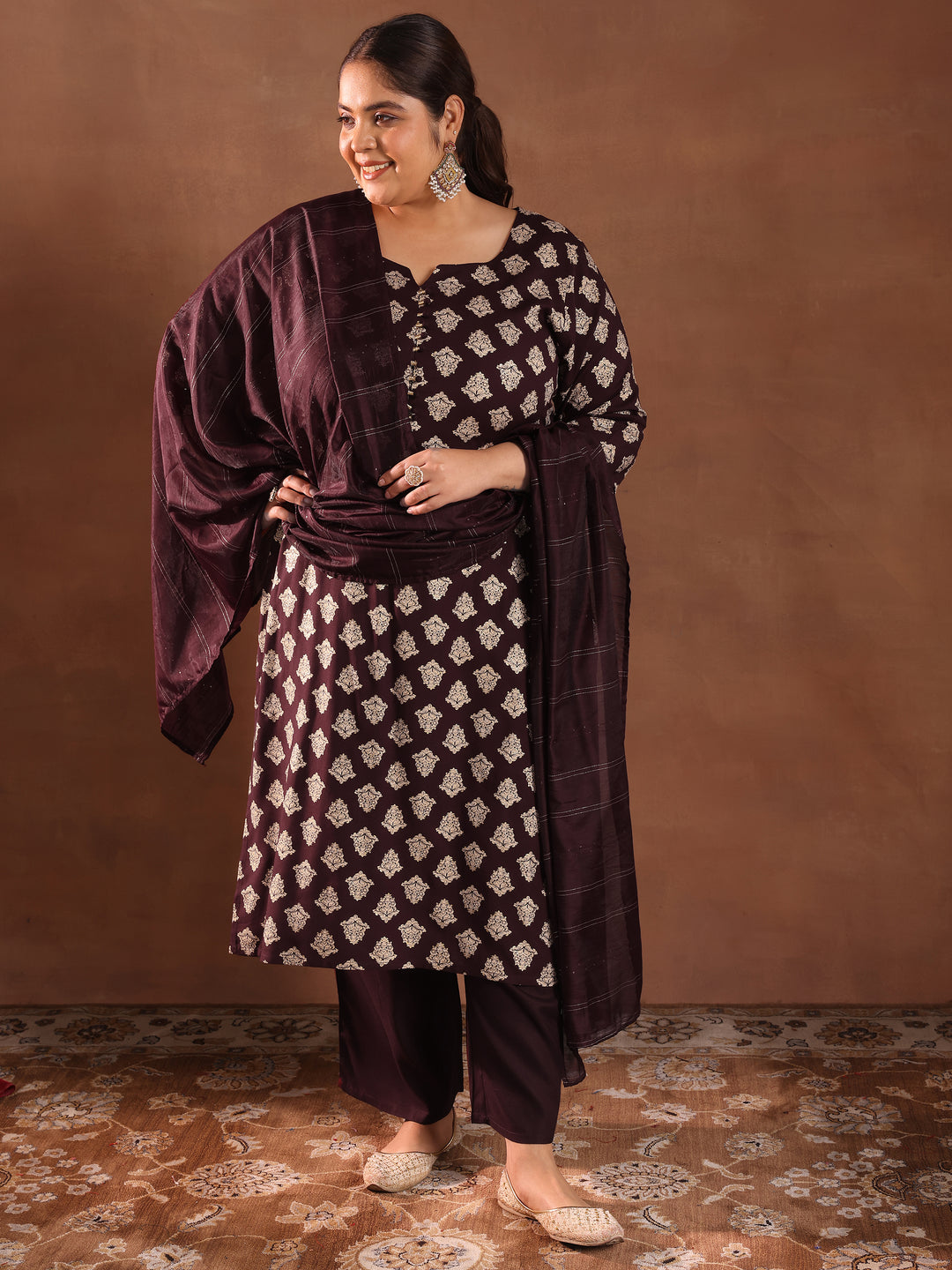  Plus Size Burgundy Printed Silk Blend Straight Suit With Dupatta 