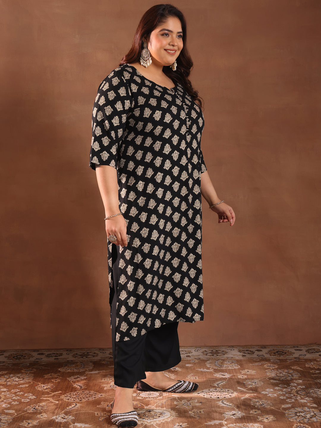  Plus Size Black Printed Silk Blend Straight Suit With Dupatta 