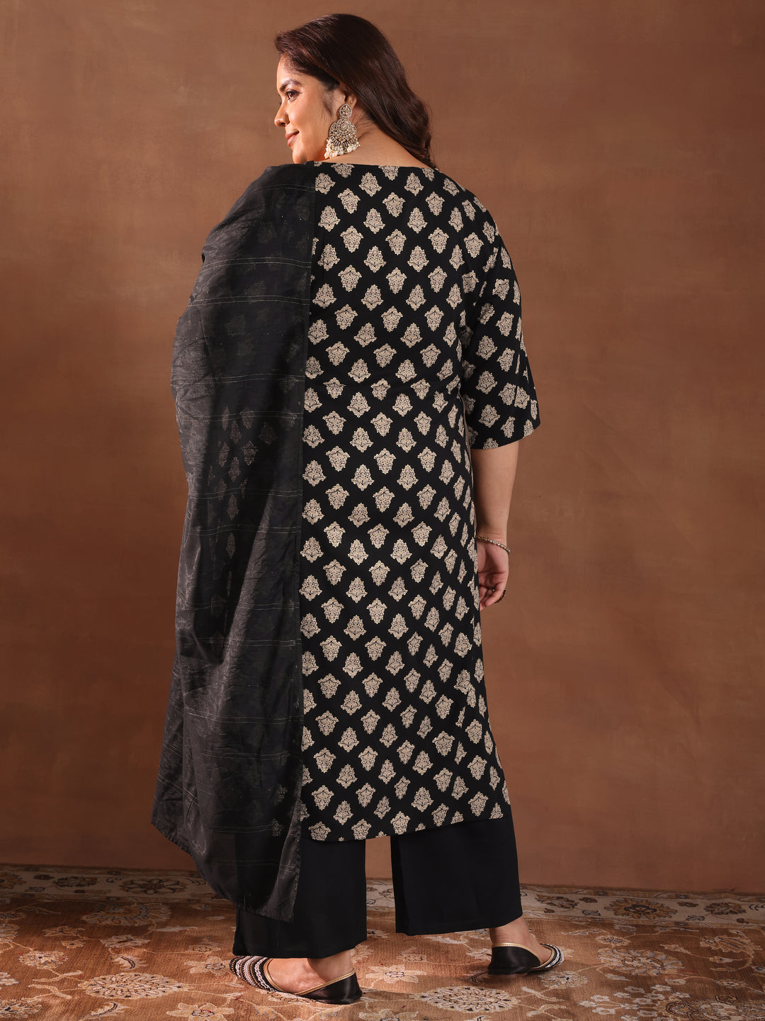  Plus Size Black Printed Silk Blend Straight Suit With Dupatta 