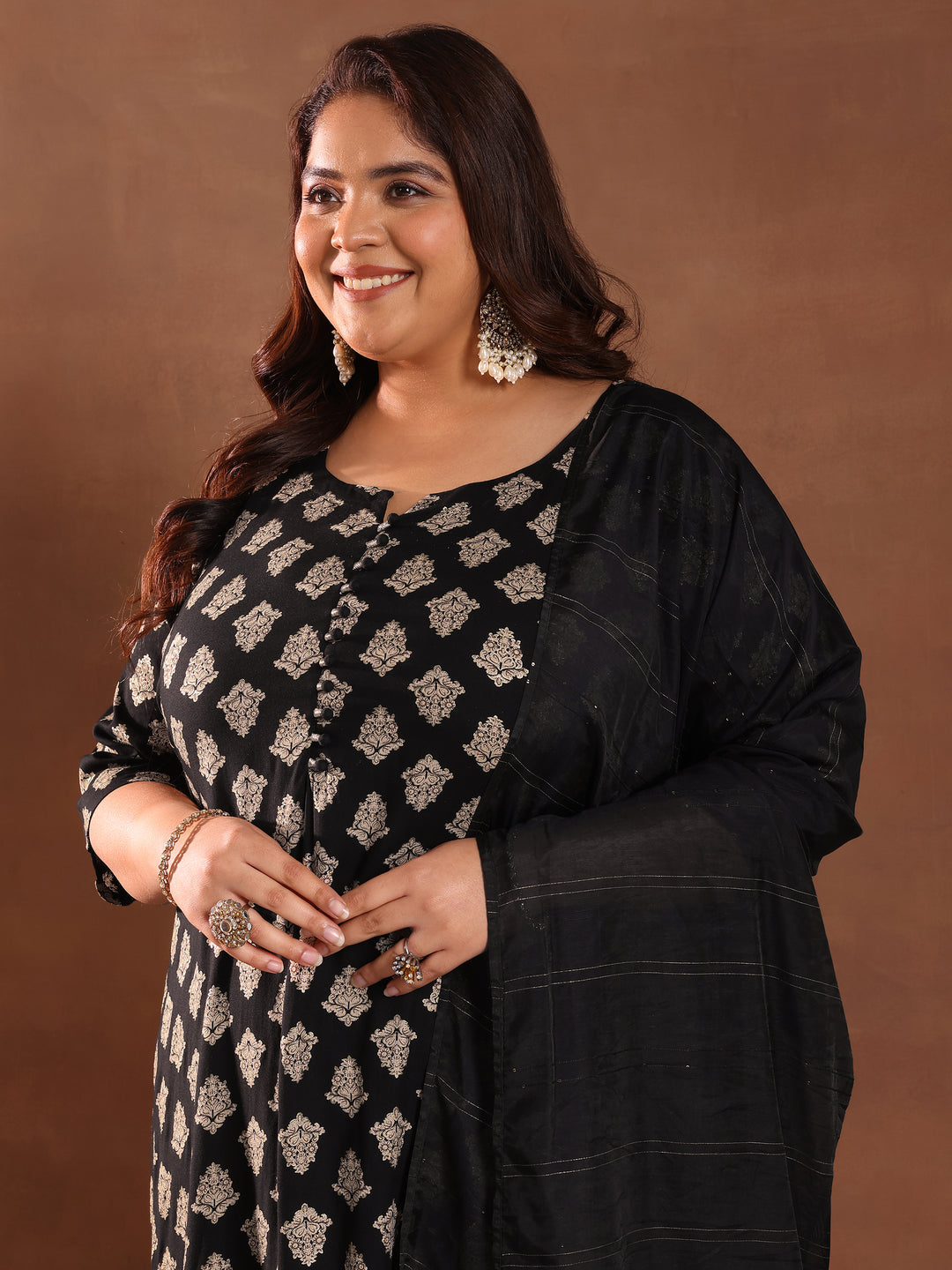  Plus Size Black Printed Silk Blend Straight Suit With Dupatta 