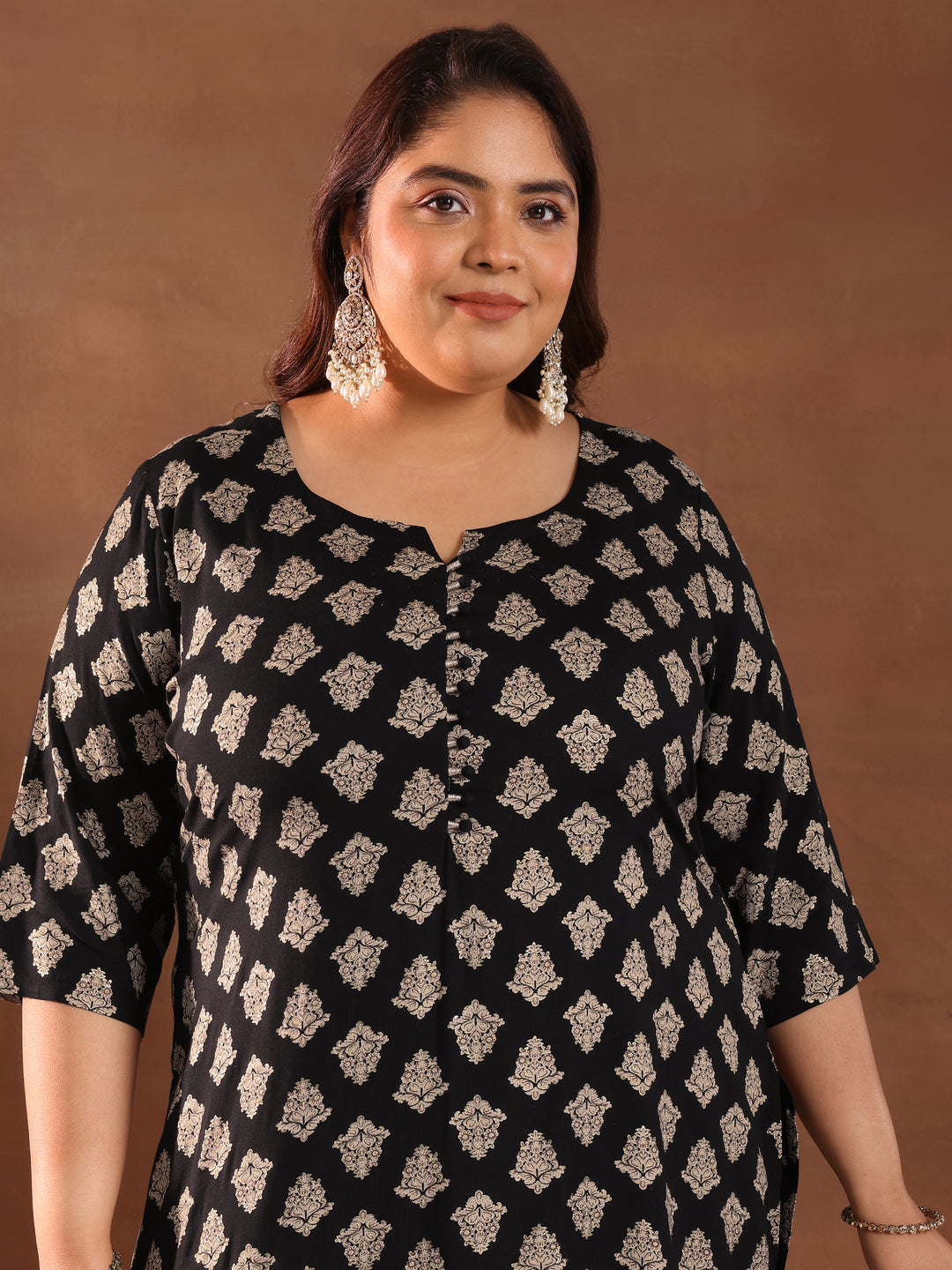  Plus Size Black Printed Silk Blend Straight Suit With Dupatta 