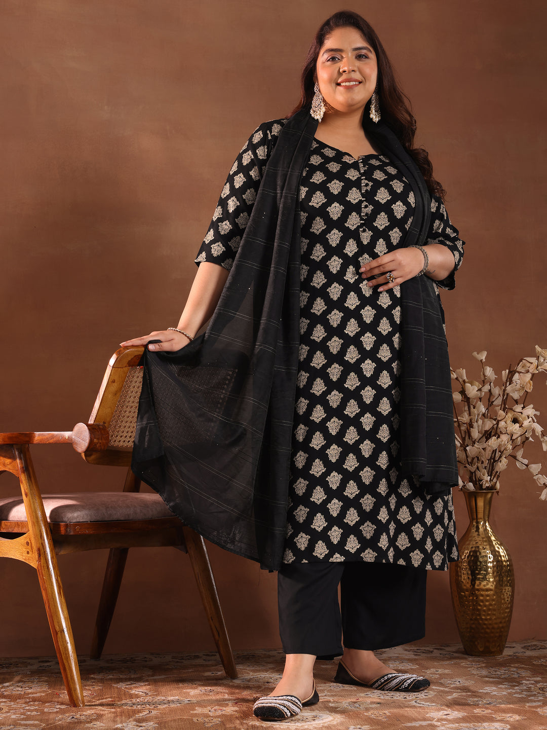  Plus Size Black Printed Silk Blend Straight Suit With Dupatta 