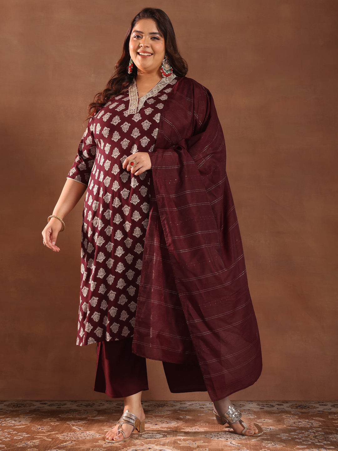 Plus Size Maroon Printed Silk Blend Straight Suit With Dupatta