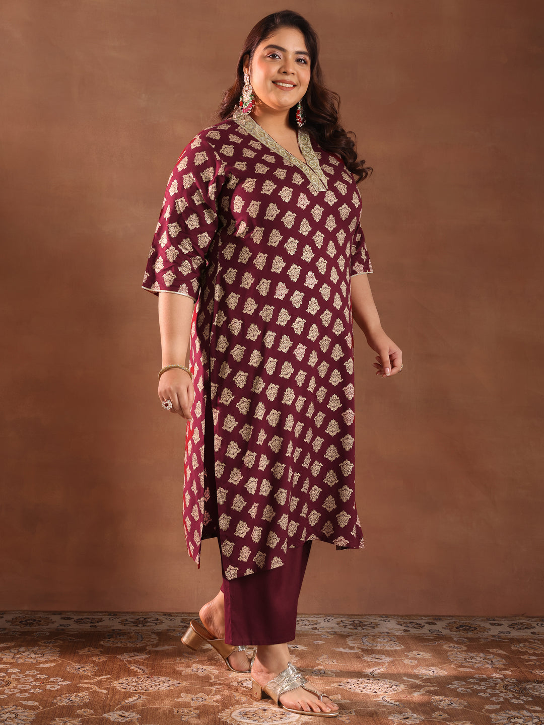  Plus Size Maroon Printed Silk Blend Straight Suit With Dupatta 