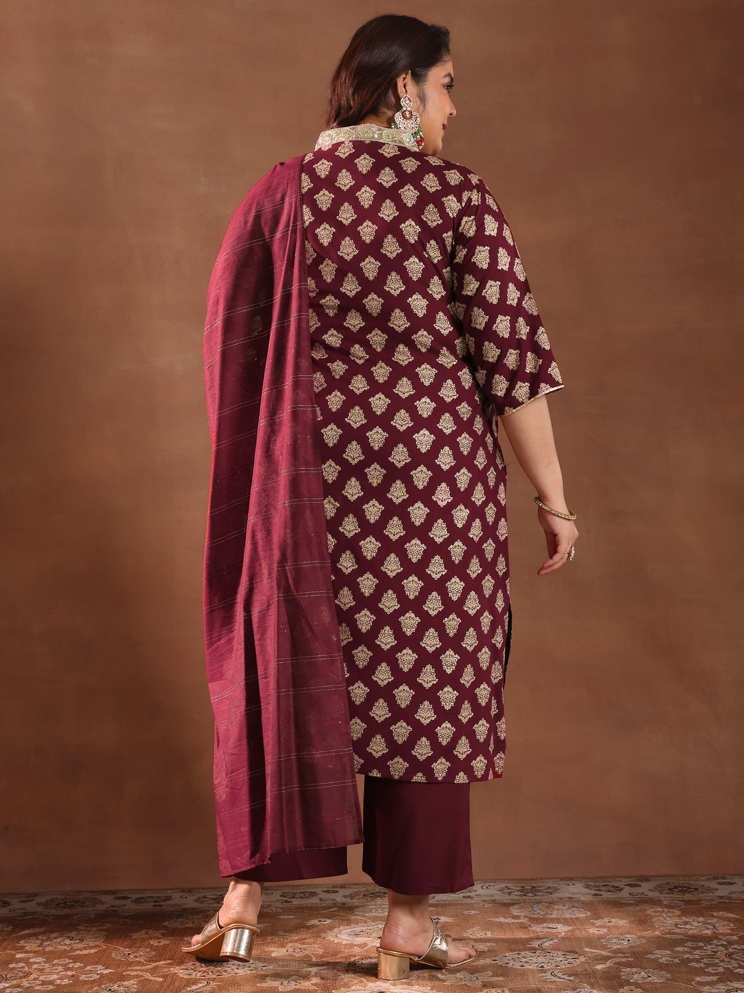  Plus Size Maroon Printed Silk Blend Straight Suit With Dupatta 