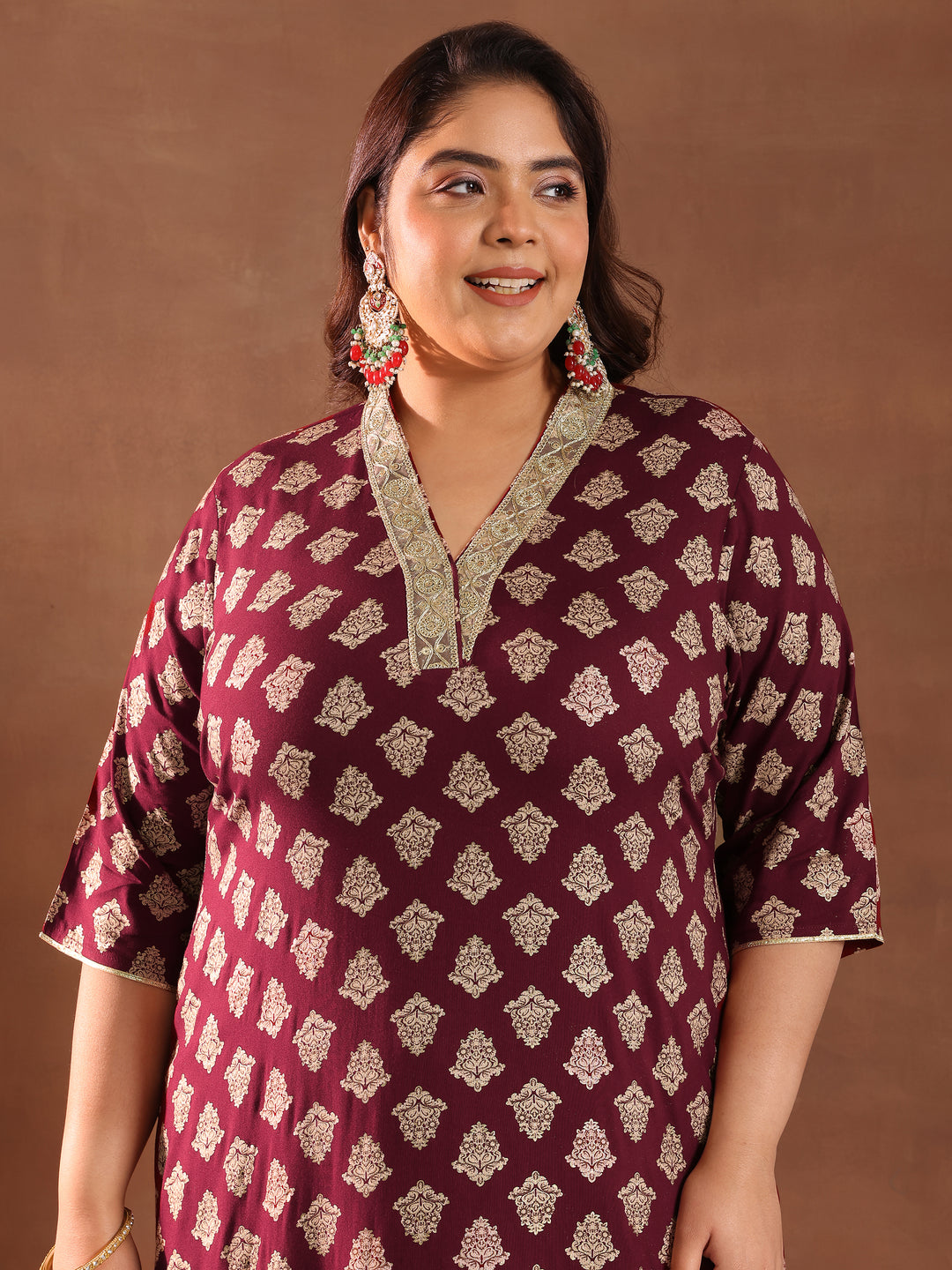  Plus Size Maroon Printed Silk Blend Straight Suit With Dupatta 