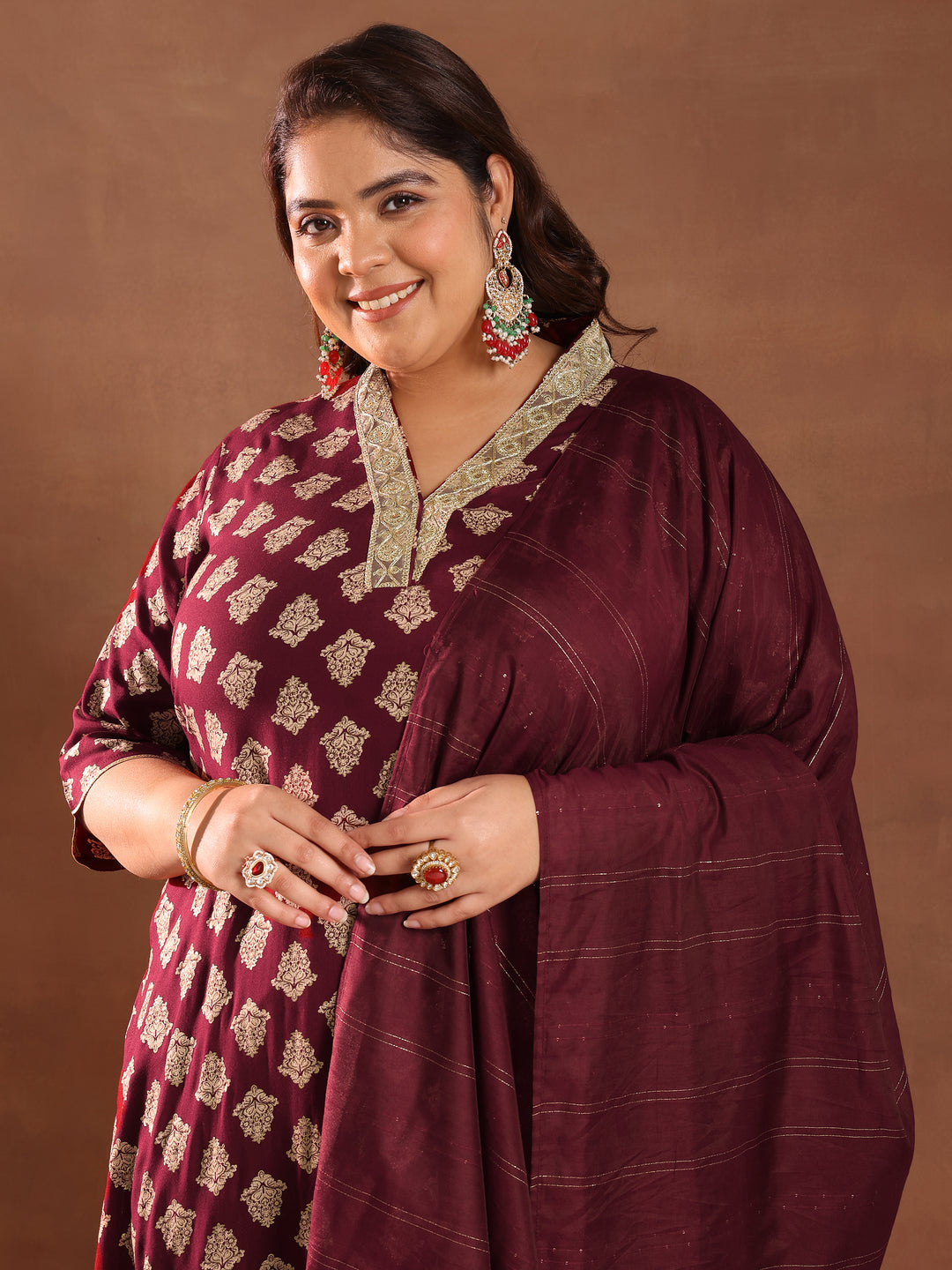  Plus Size Maroon Printed Silk Blend Straight Suit With Dupatta 