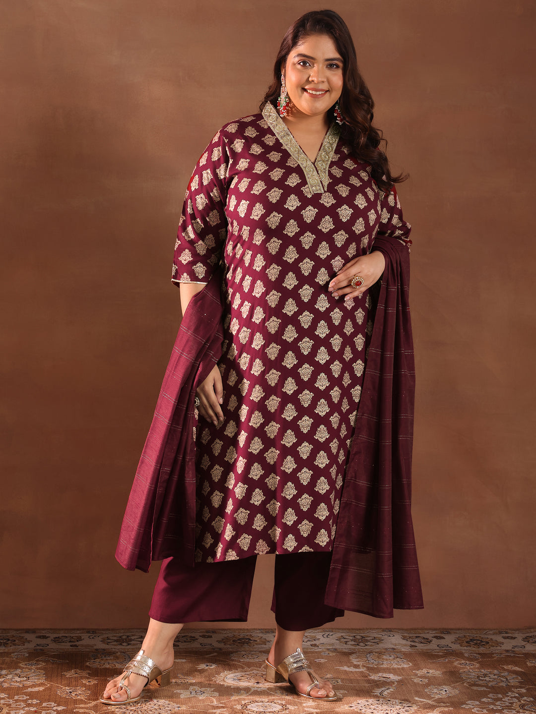  Plus Size Maroon Printed Silk Blend Straight Suit With Dupatta 