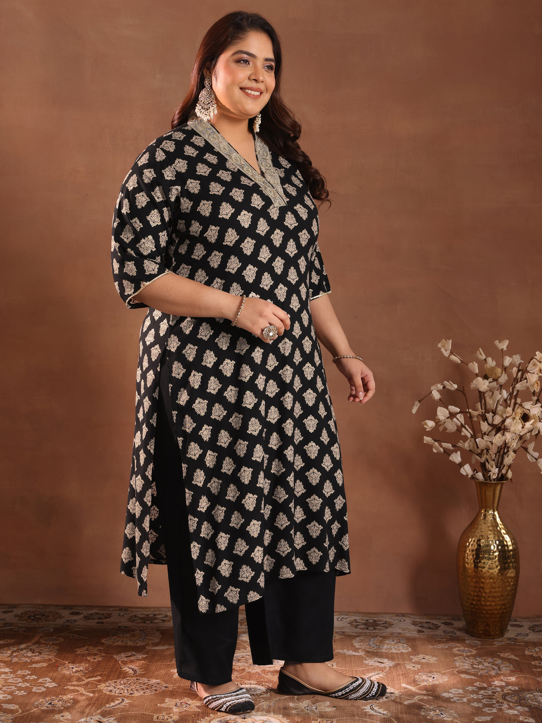  Plus Size Black Printed Silk Blend Straight Suit With Dupatta 