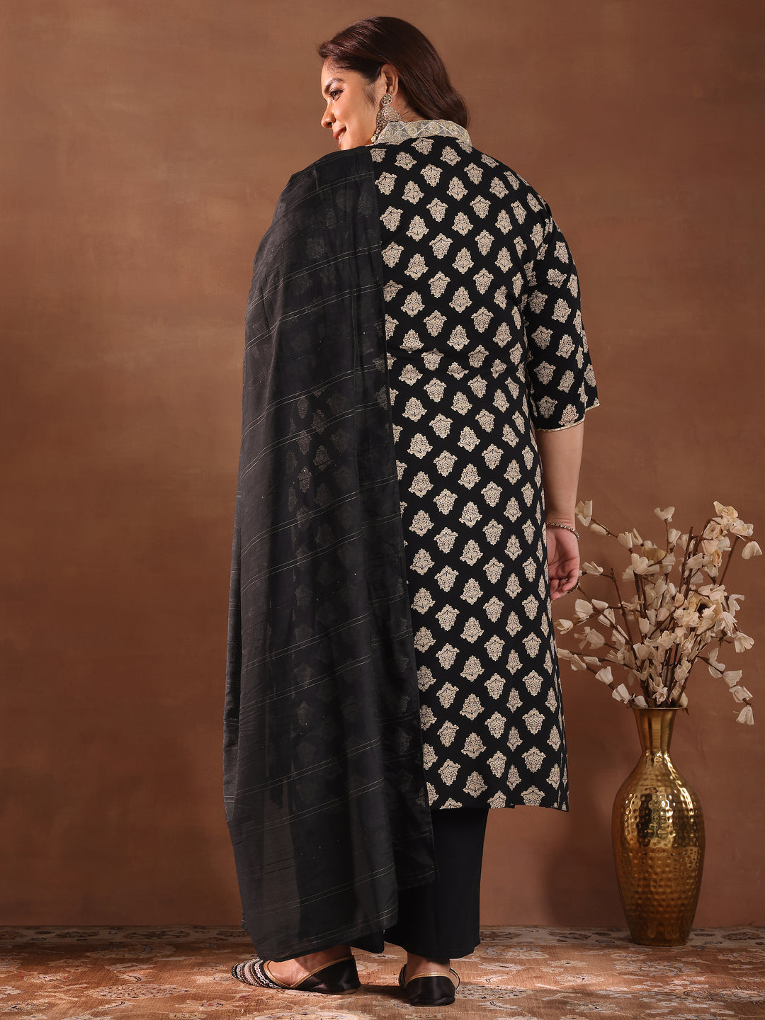  Plus Size Black Printed Silk Blend Straight Suit With Dupatta 