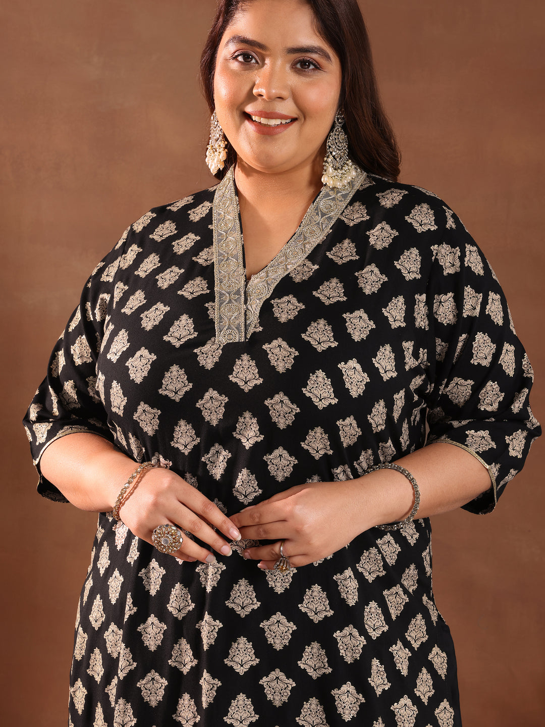  Plus Size Black Printed Silk Blend Straight Suit With Dupatta 