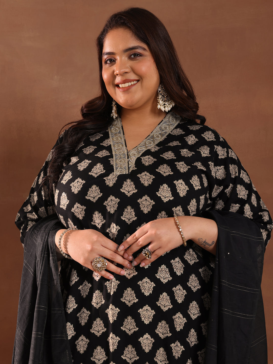  Plus Size Black Printed Silk Blend Straight Suit With Dupatta 