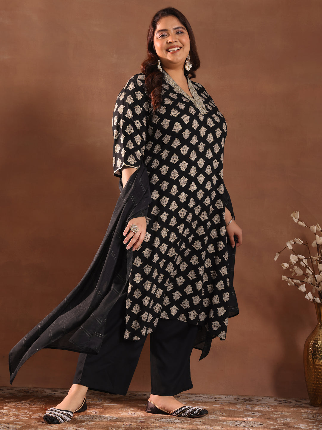  Plus Size Black Printed Silk Blend Straight Suit With Dupatta 