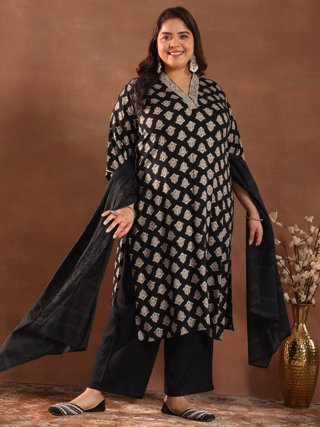  Plus Size Black Printed Silk Blend Straight Suit With Dupatta 