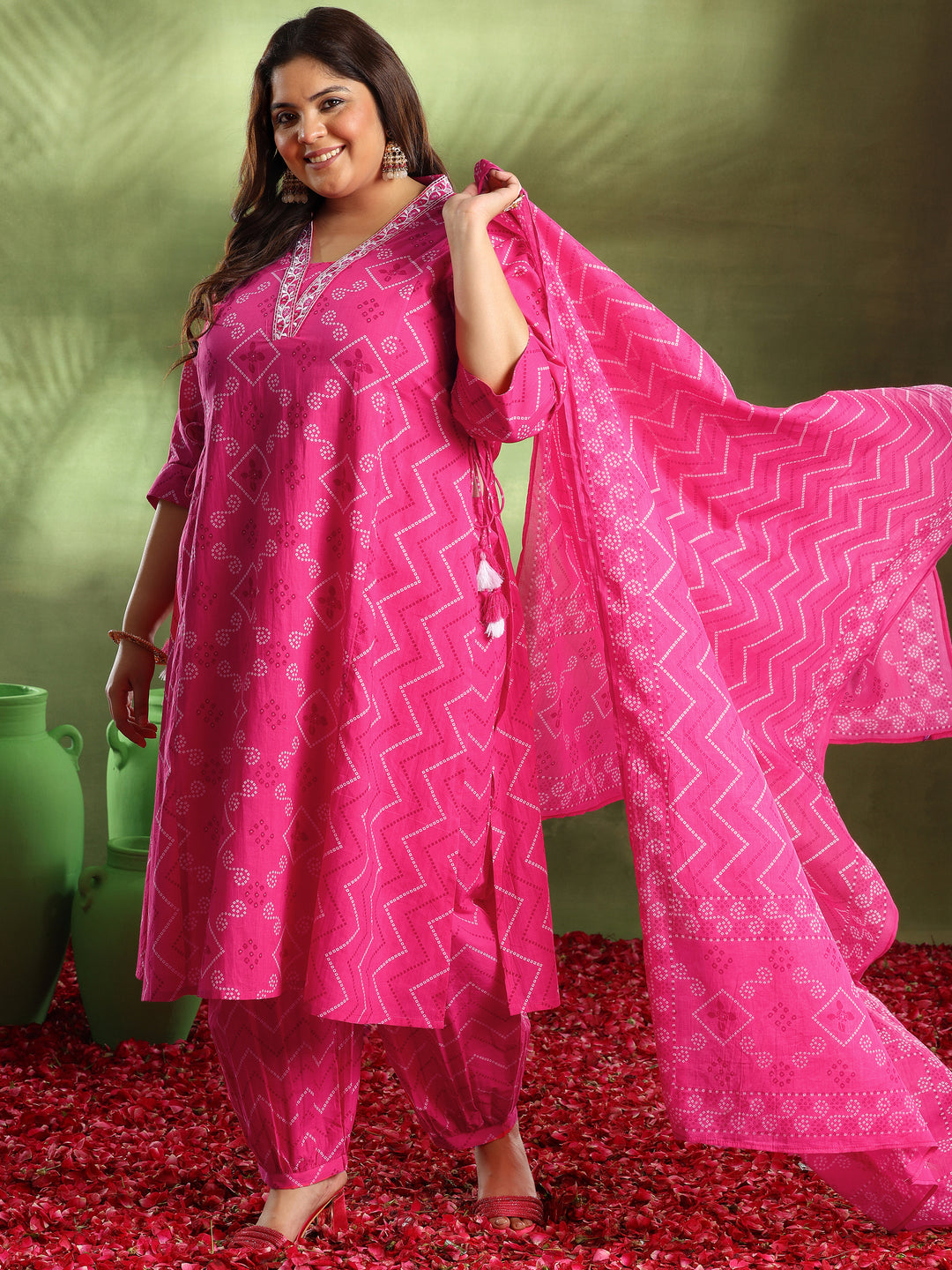 Plus Size Pink Printed Cotton A-Line Kurta With Salwar & Dupatta