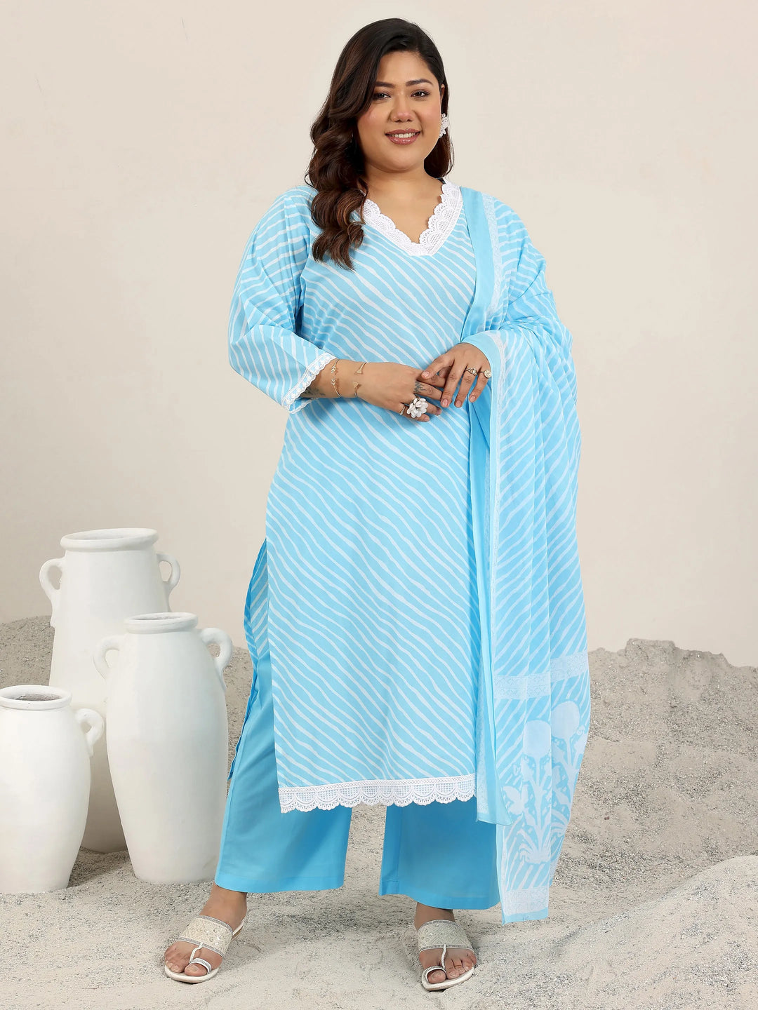  Plus Size Blue Printed Cotton Straight Suit Set With Dupatta 