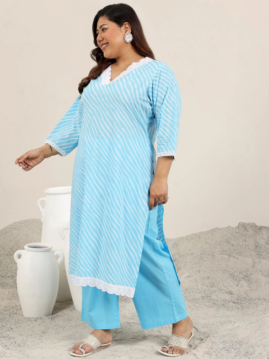  Plus Size Blue Printed Cotton Straight Suit Set With Dupatta 