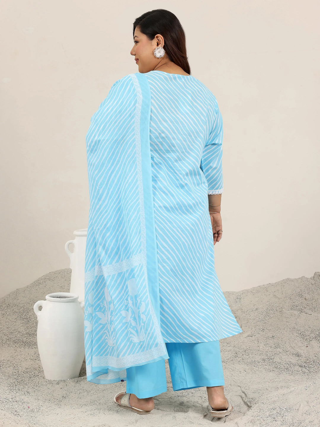  Plus Size Blue Printed Cotton Straight Suit Set With Dupatta 