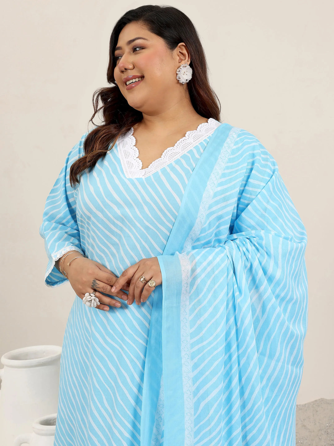  Plus Size Blue Printed Cotton Straight Suit Set With Dupatta 