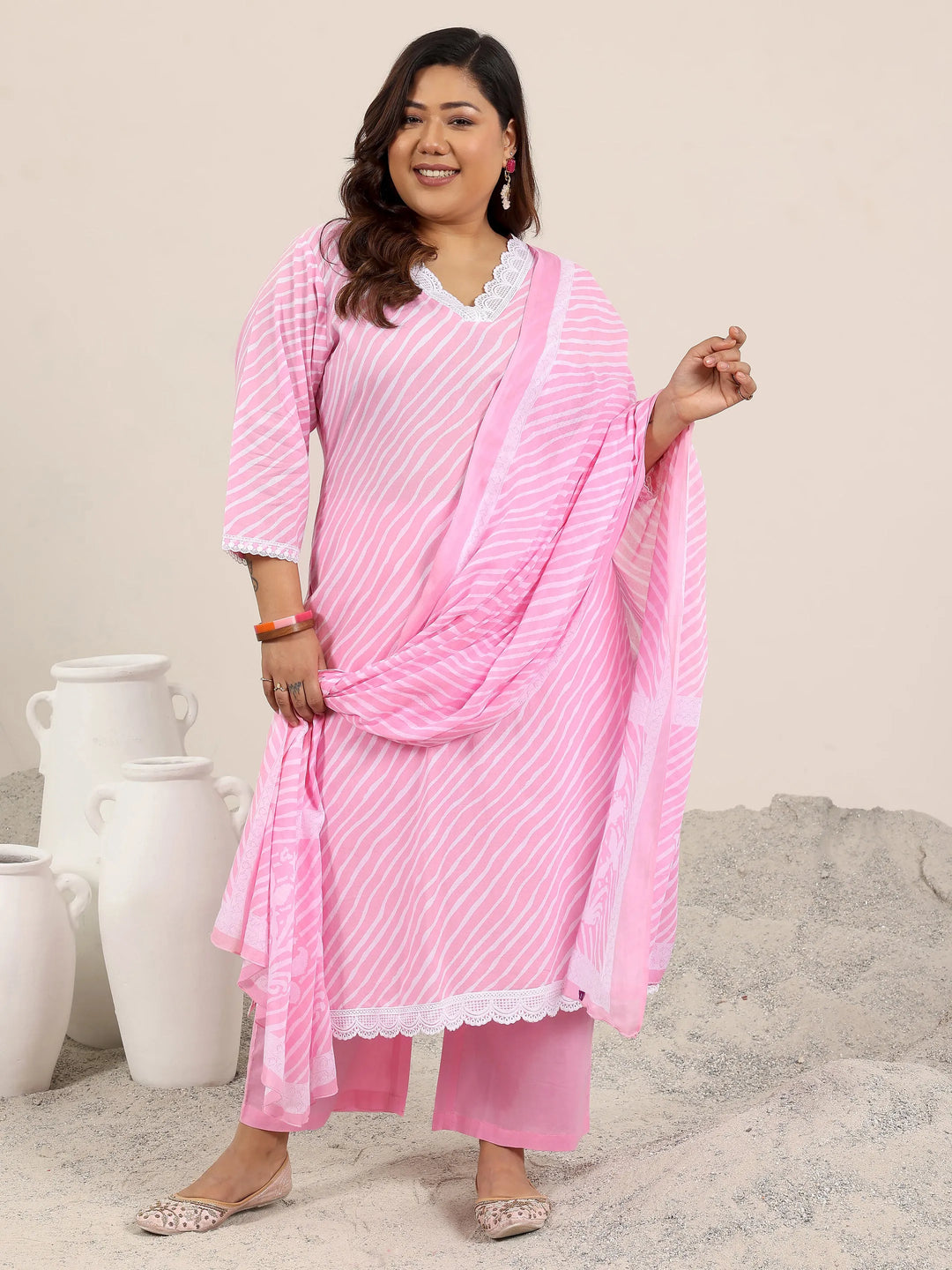  Plus Size Pink Printed Cotton Straight Suit Set With Dupatta 