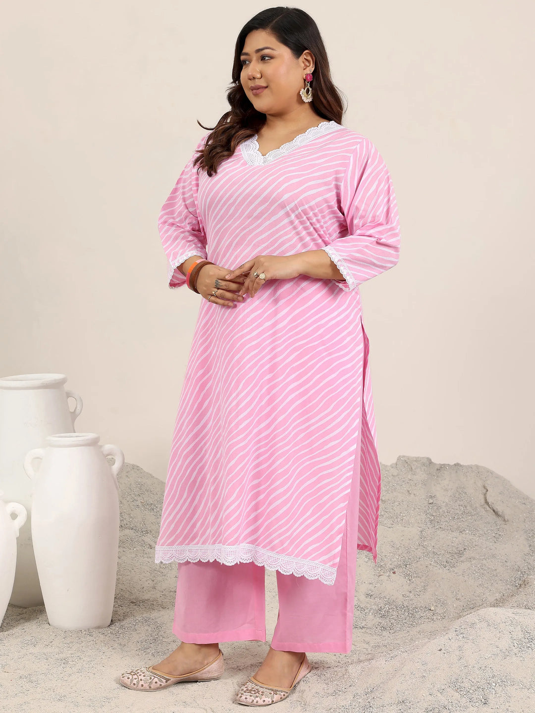  Plus Size Pink Printed Cotton Straight Suit Set With Dupatta 